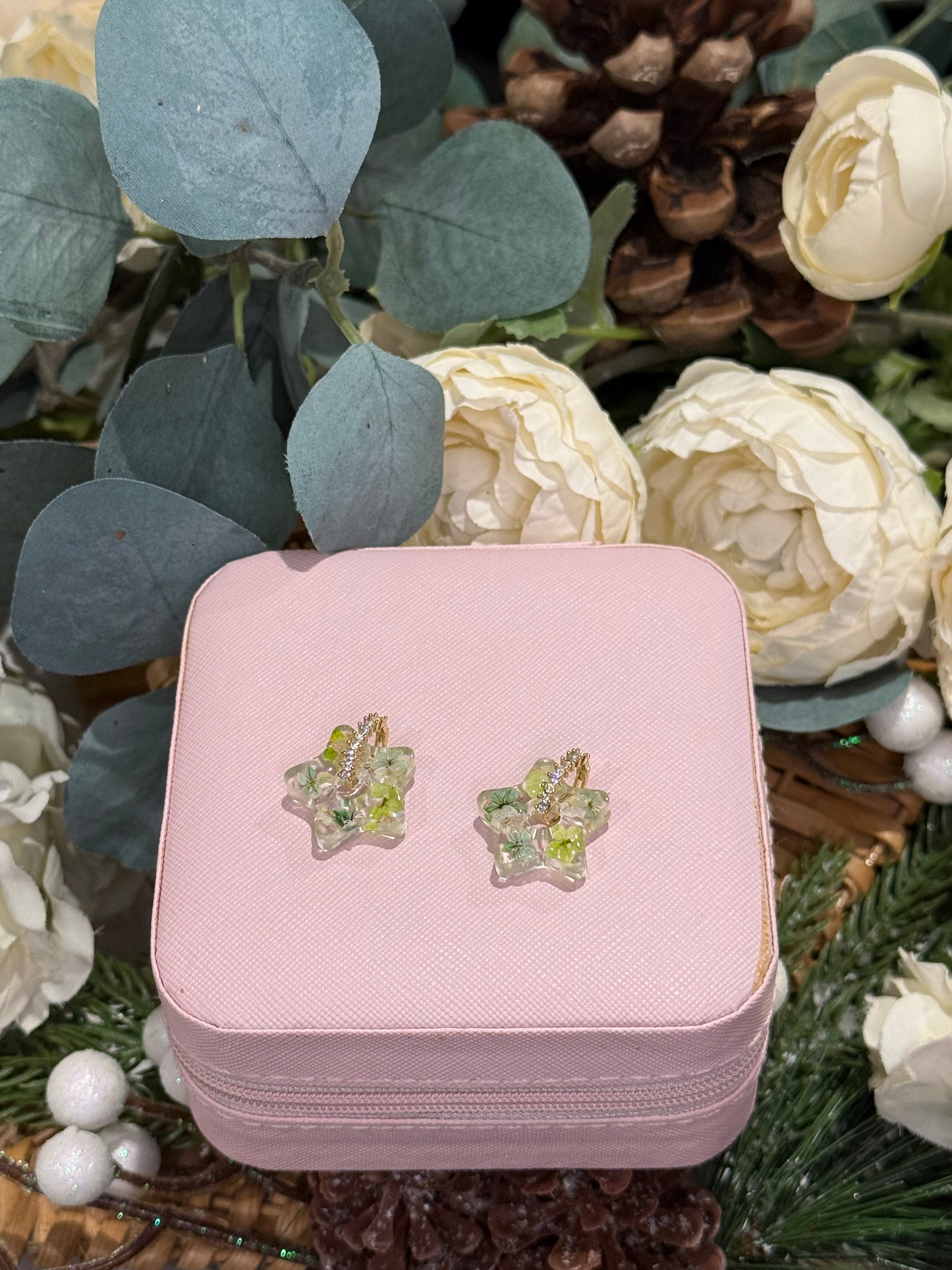 Real Flower and Gold Leaf - Star Earrings