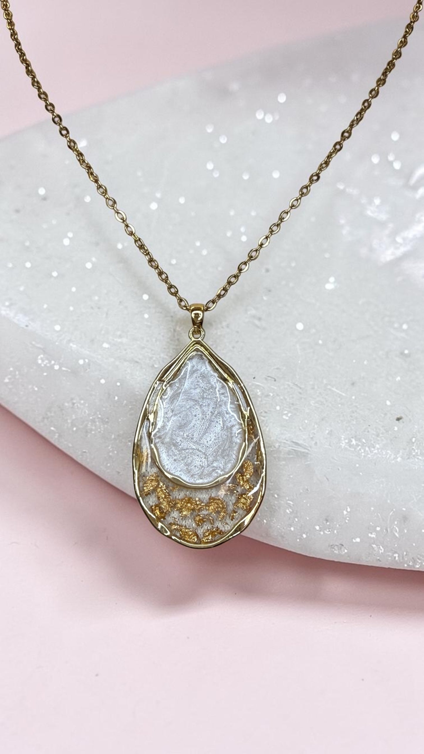 Handmade Resin Teardrop Necklace with Gold Leaf Accents