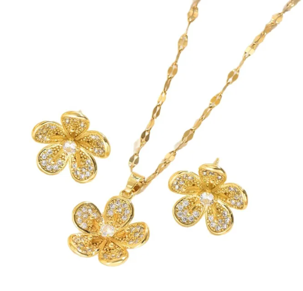 Flora gold diamante flower necklace and earring set
