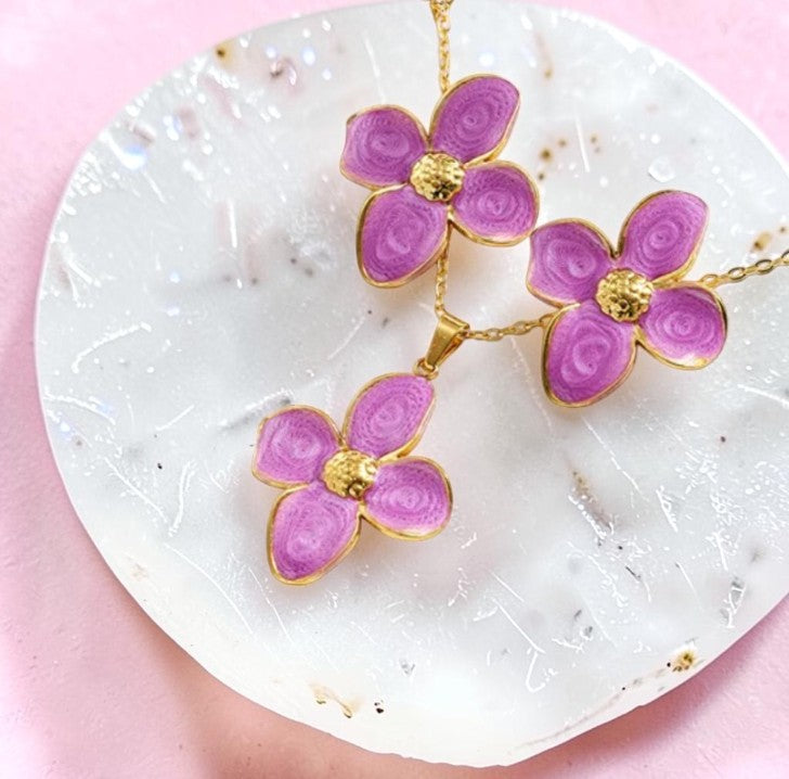 Blossom enamel flower necklace and earring set