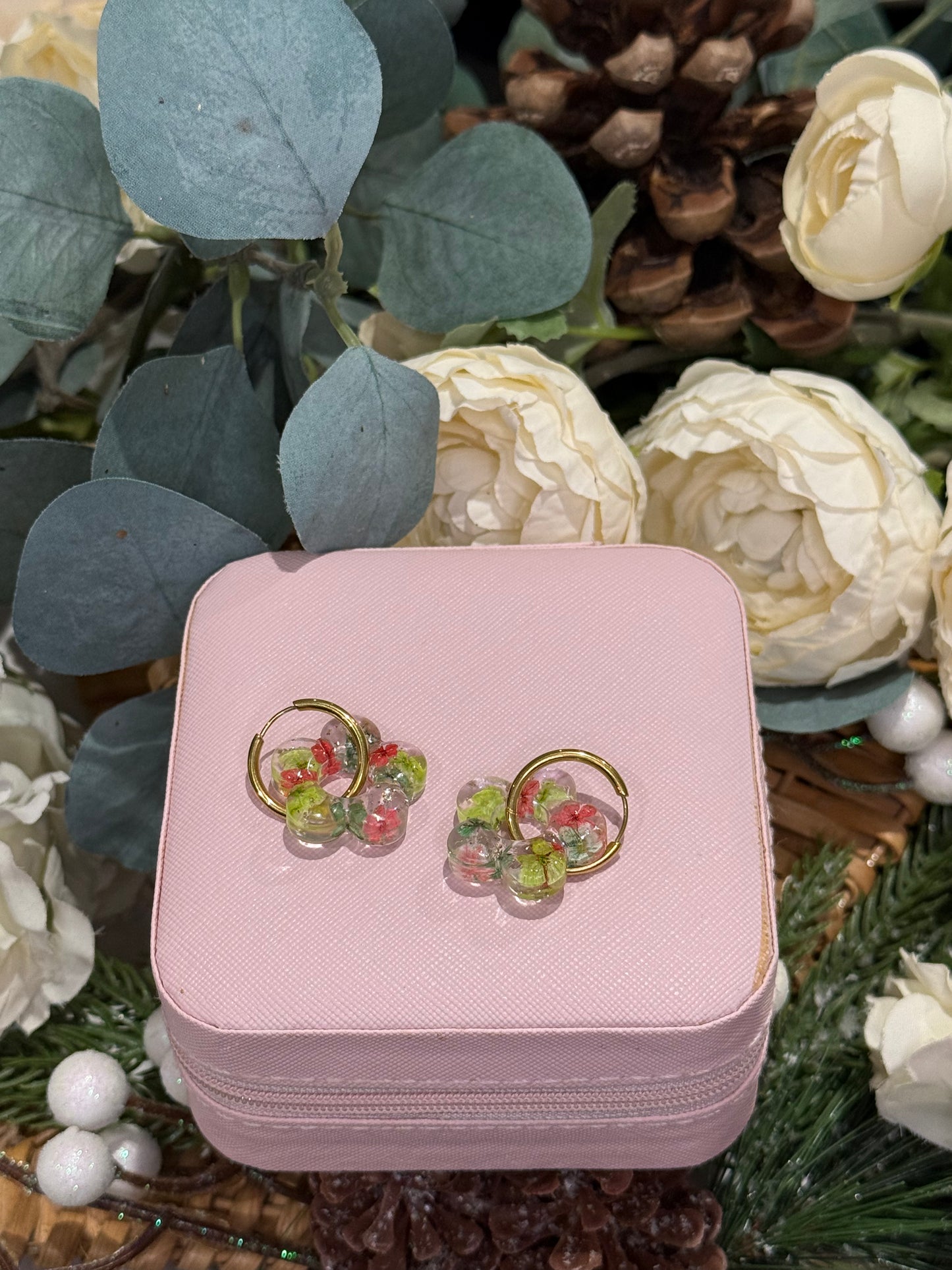 Real Flower and Gold Leaf - Wreath Earrings