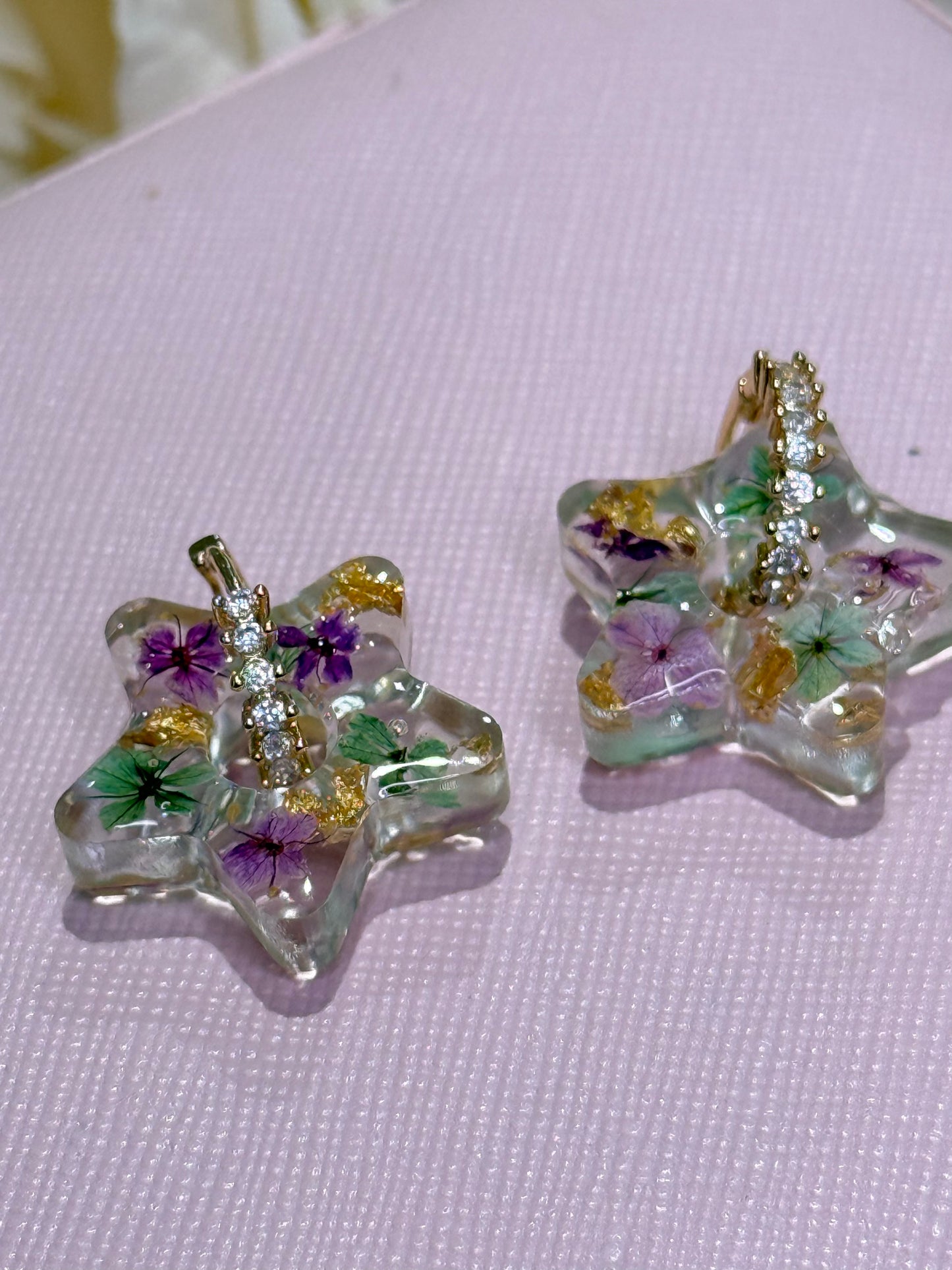 Real Flower and Gold Leaf - Star Earrings