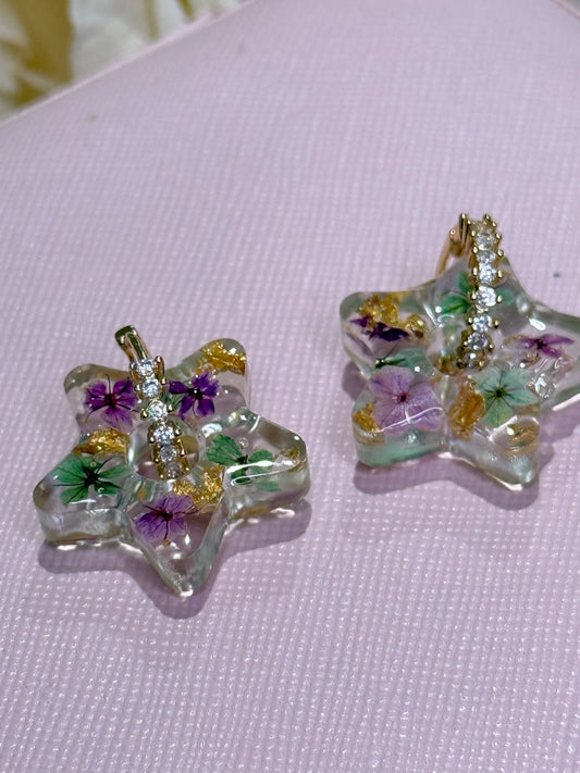 Real Flower and Gold Leaf - Star Earrings