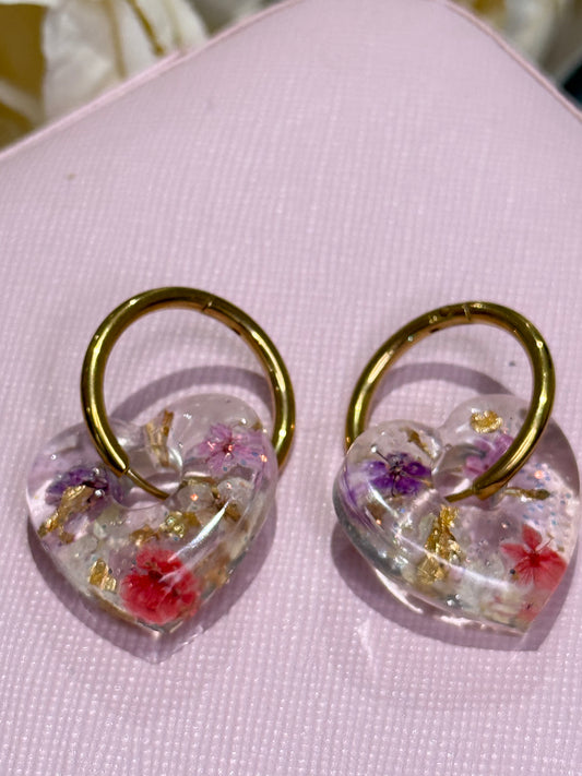 Real Flower and Gold Leaf - Heart Earrings