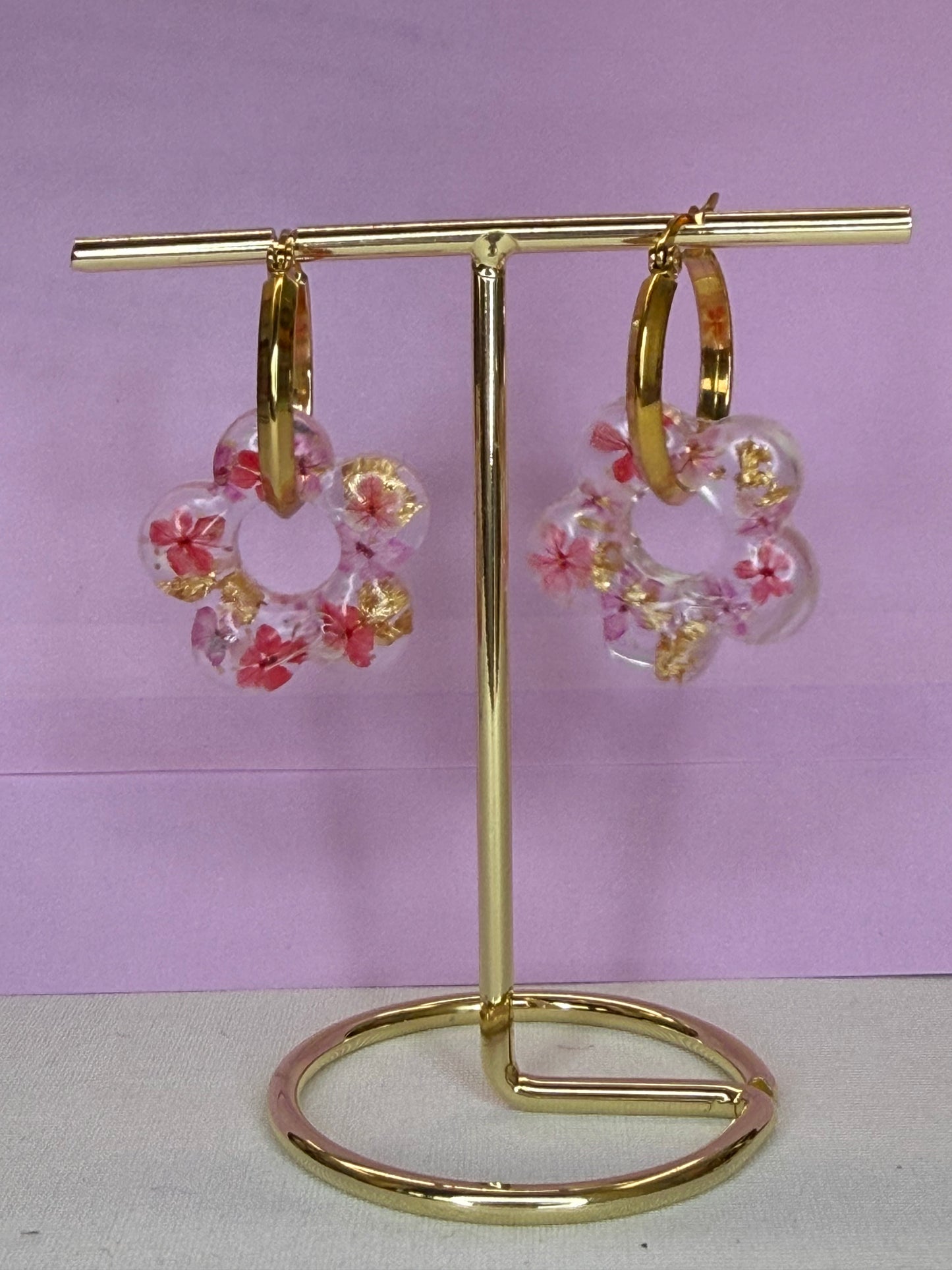 Real Flower and Gold Leaf - Wreath Earrings
