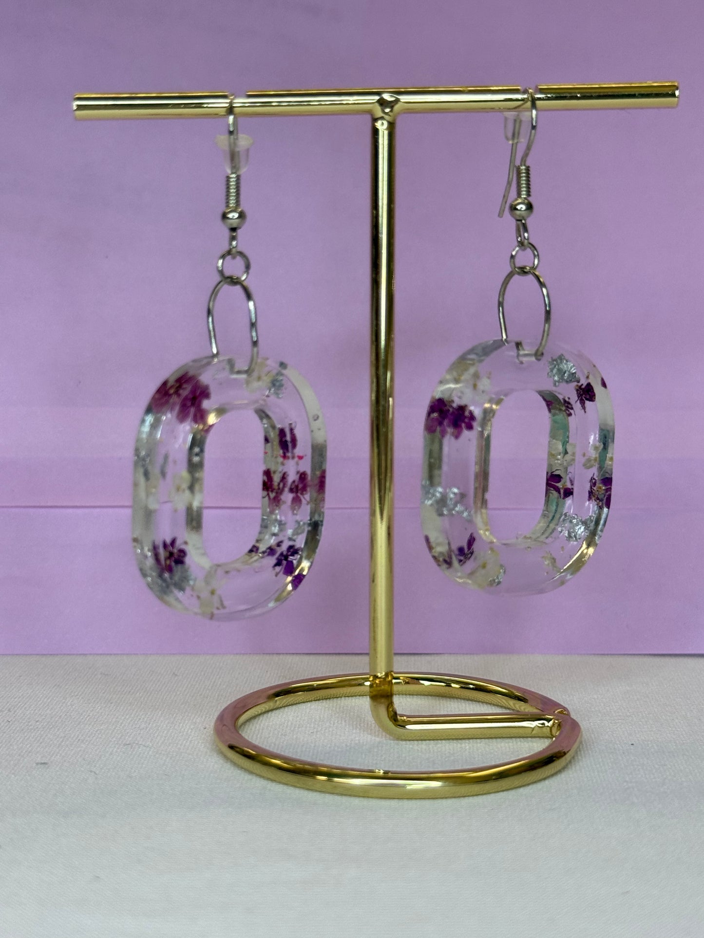 Real Flower and Silver Leaf Dangle Earrings