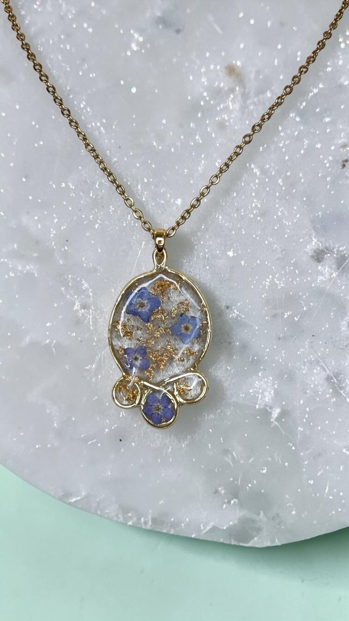 Handmade Resin Necklace with Real Forget Me Not Flowers and Gold Leaf