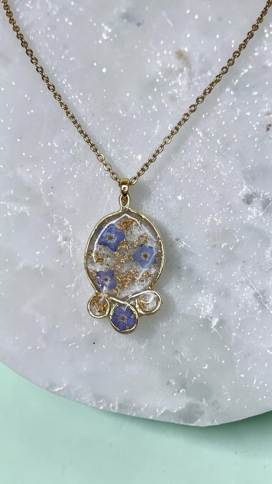 Handmade Resin Necklace with Real Forget Me Not Flowers and Gold Leaf