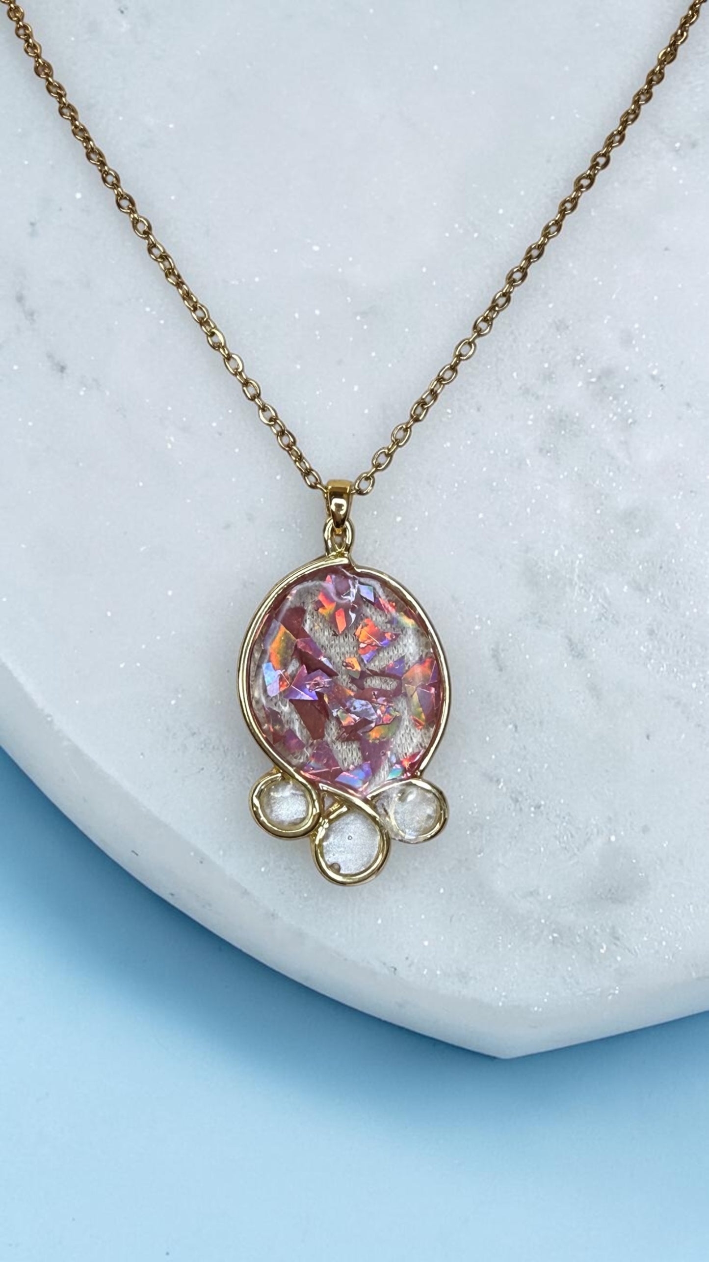 Handmade Resin Necklace with Pink Glitter Shards and Mother of Pearl Details