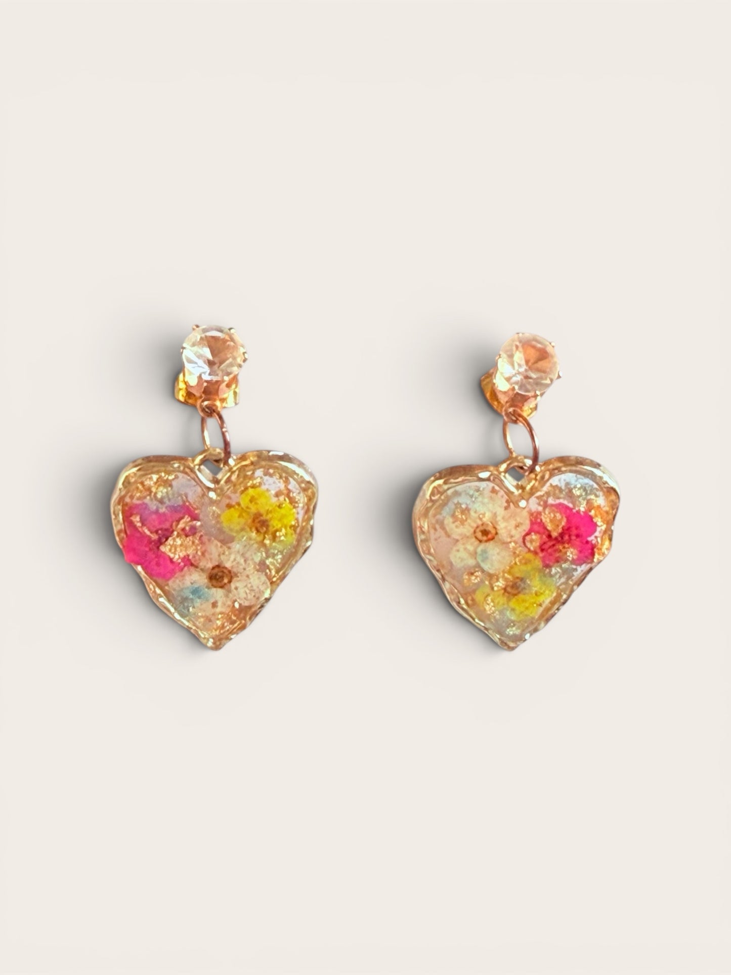 Handmade Resin Heart Shaped Necklace with real flowers and gold leaf (Matching items available)
