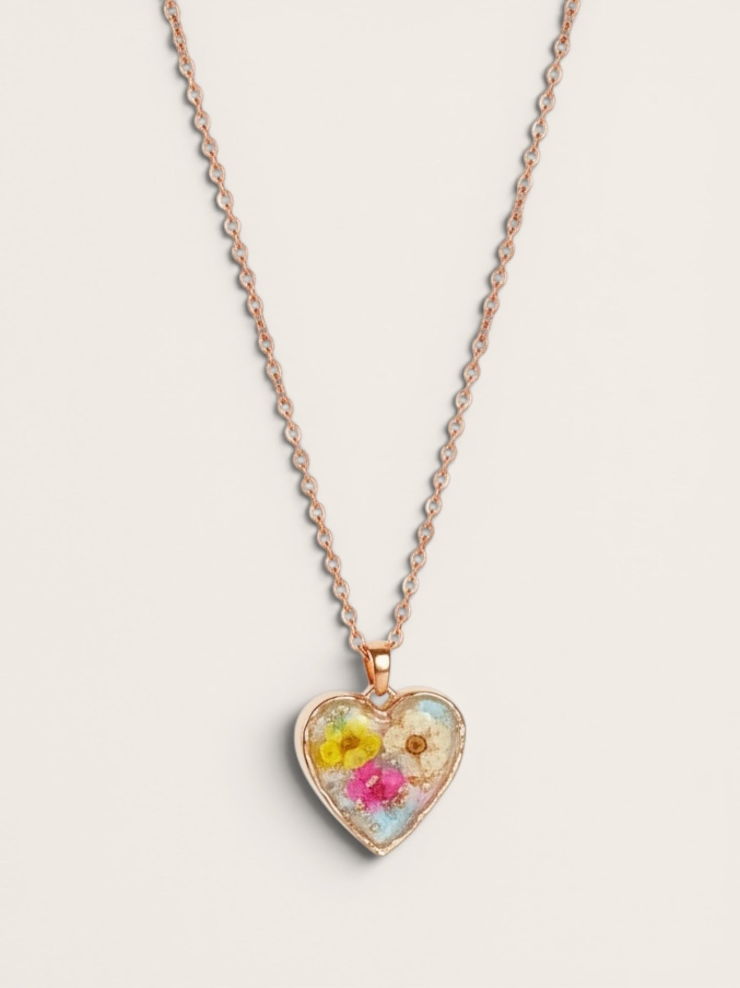 Handmade Resin Heart Shaped Necklace with real flowers and gold leaf (Matching items available)