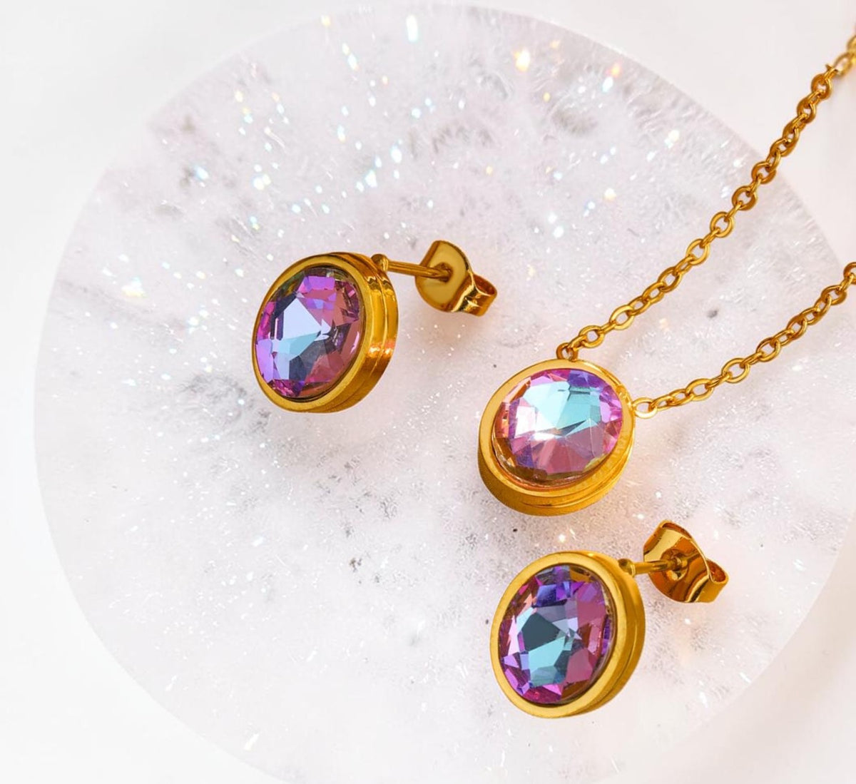 Aurora gold crystal necklace and earring set – view 3