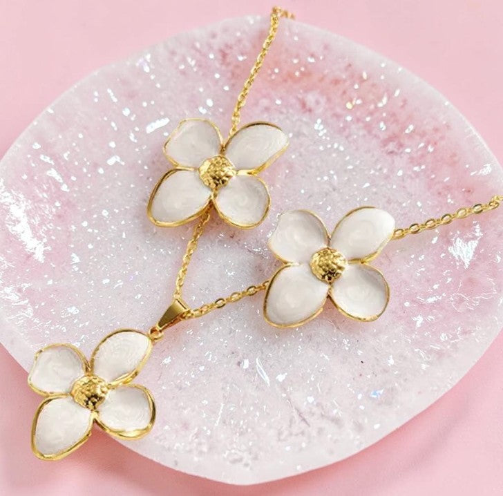 Blossom enamel flower necklace and earring set – view 2