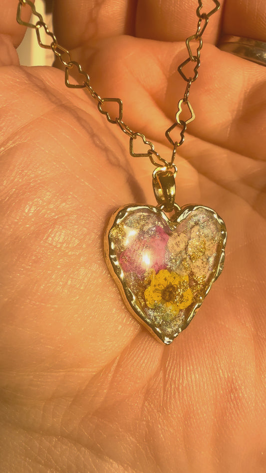 Handmade Resin Heart Shaped Necklace with real flowers and gold leaf (Matching items available)